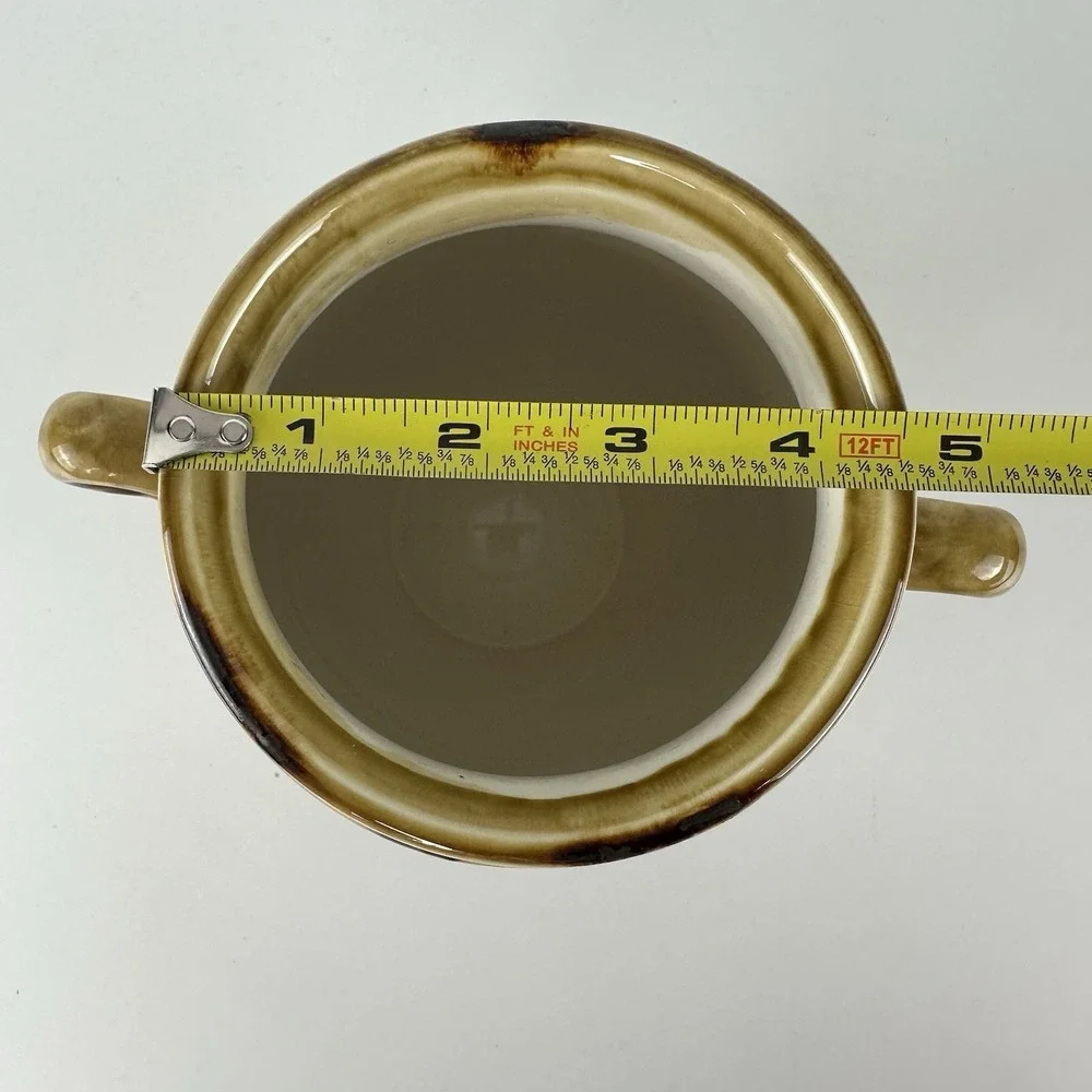 Vintage Clay Pottery Ribbed Jar Handles Utensil Crock 7x5 Gold Yellow Primitive